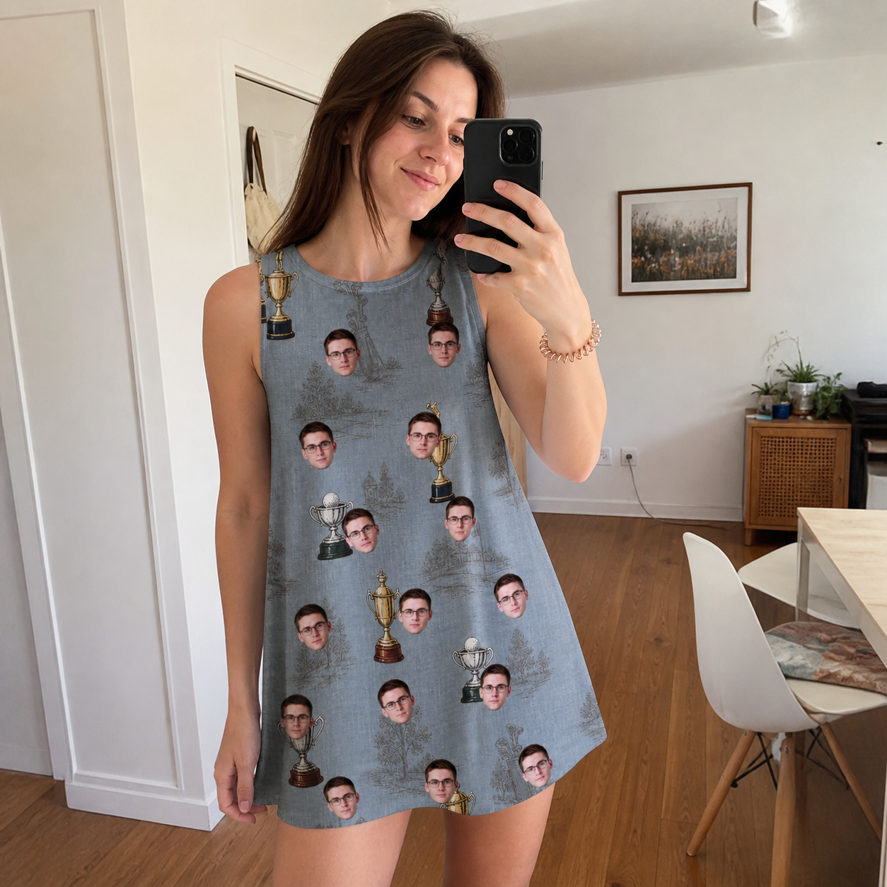 Real-life photo of someone wearing Women's Ace Accolades Custom Face Tank Dress — custom faces printed all-over