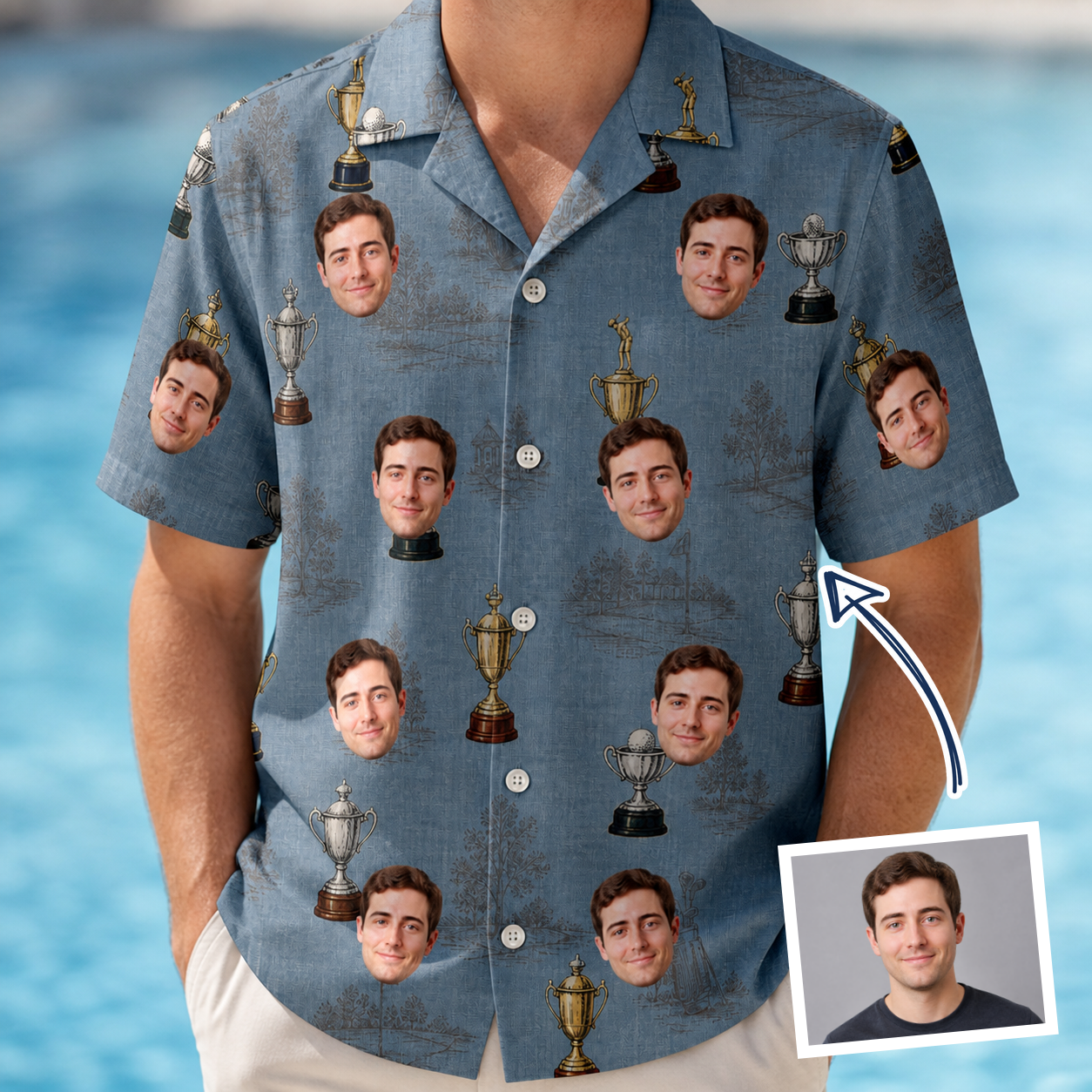 Man wearing Men's Ace Accolades Custom Face Hawaiian Shirt — custom faces printed all-over
