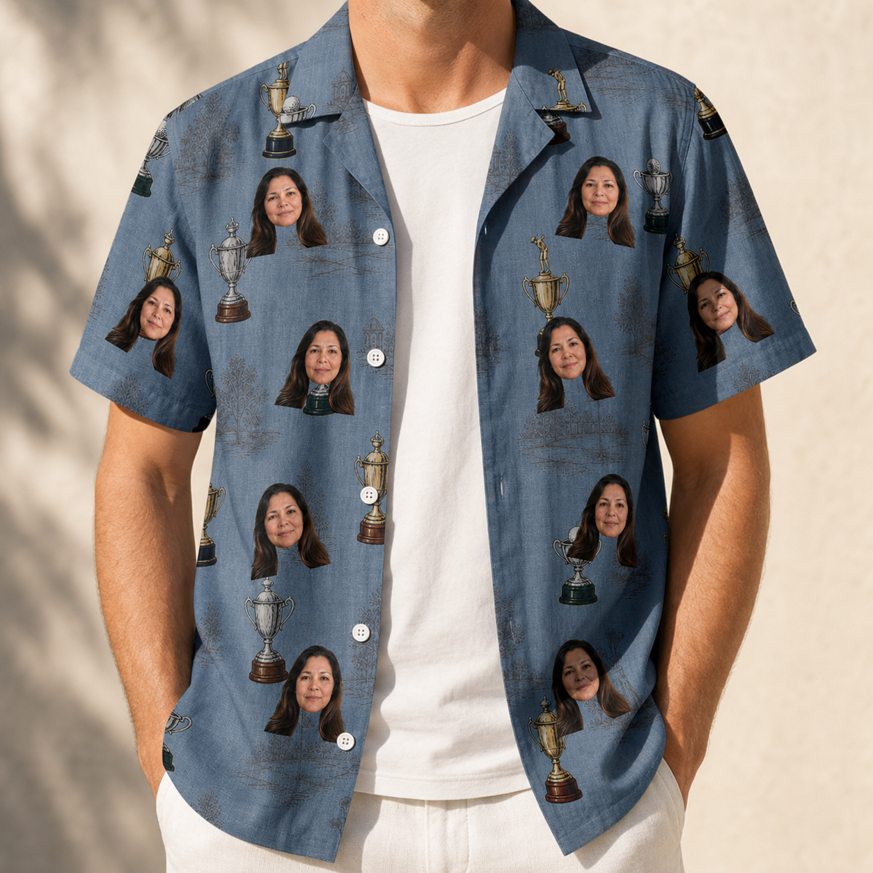 Man wearing Men's Ace Accolades Custom Face Hawaiian Shirt open over a white tee