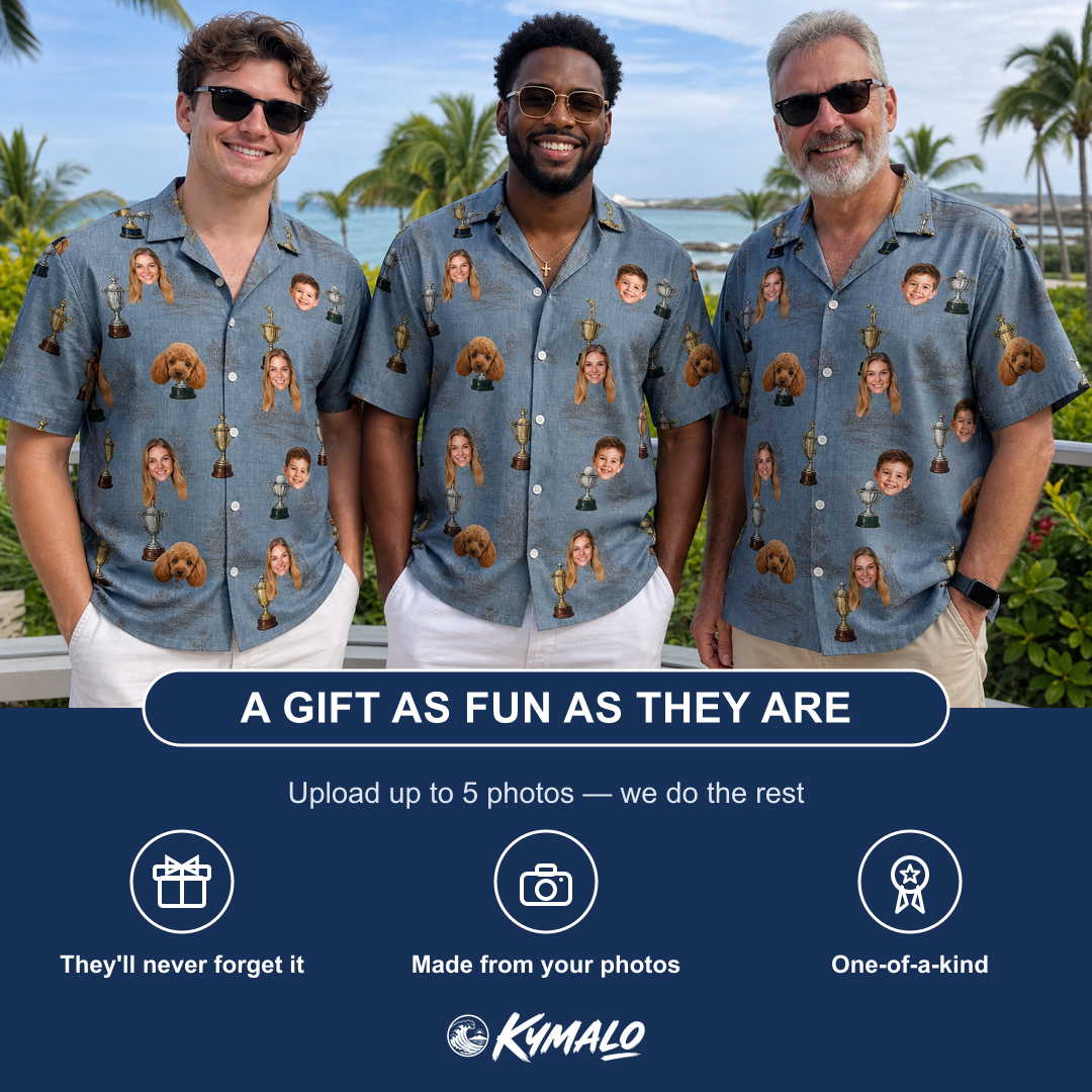 Friends in matching Men's Ace Accolades Custom Face Hawaiian Shirt — a group gift photo