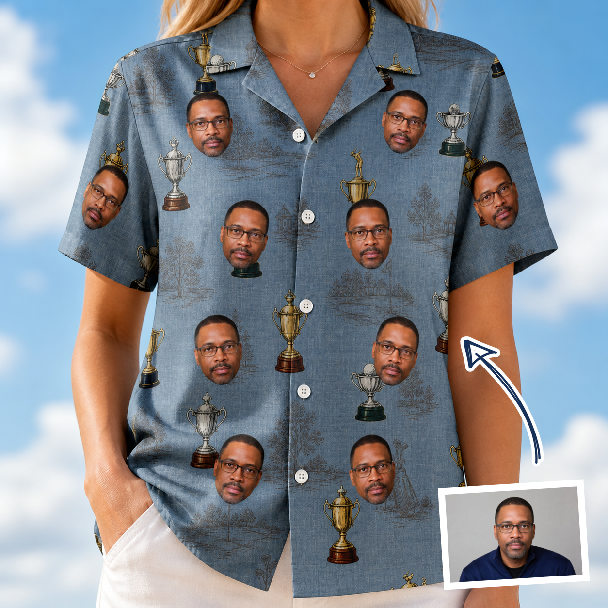 Woman wearing Women's Ace Accolades Custom Face Hawaiian Shirt — custom faces printed all-over