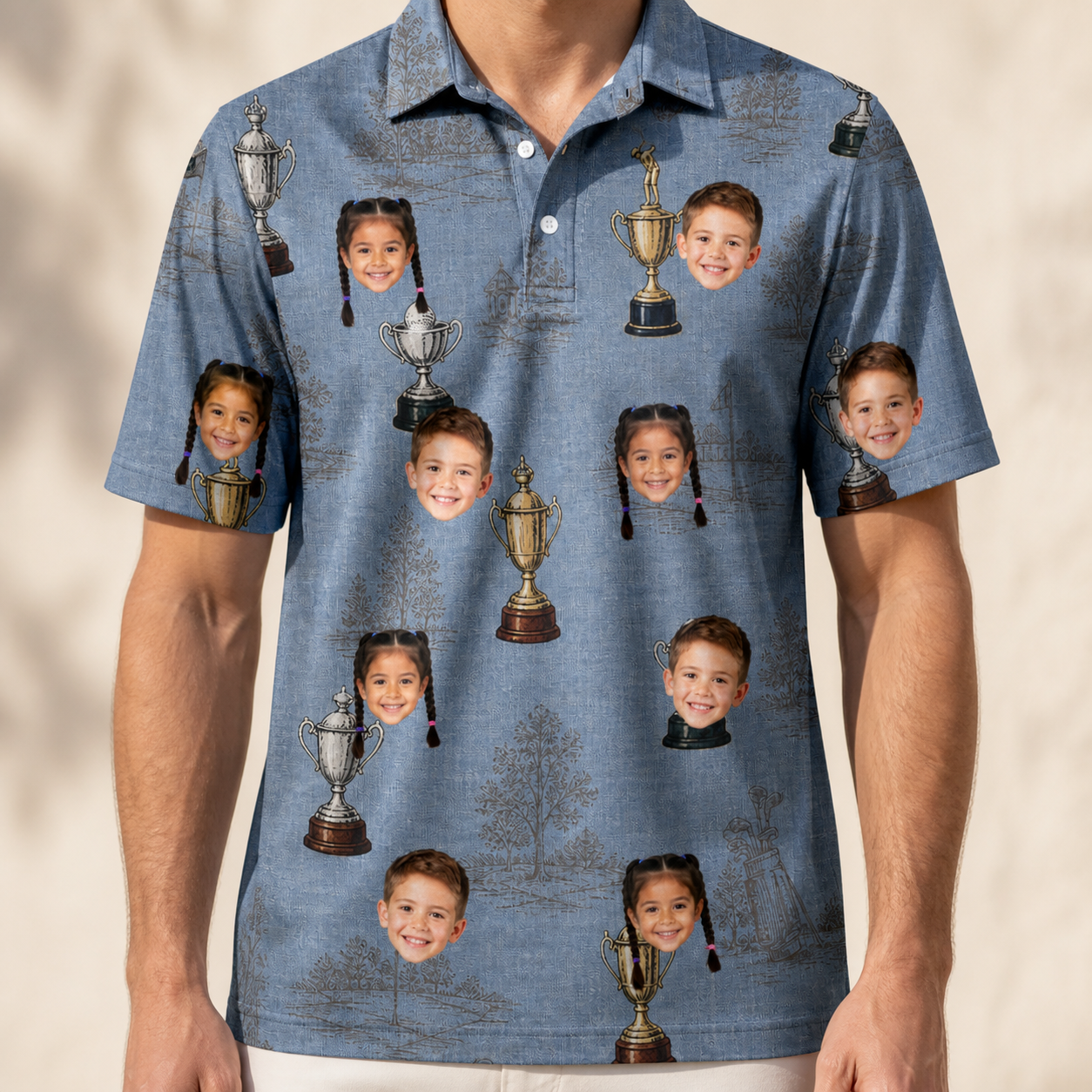 Model wearing Men's Ace Accolades Custom Face Polo Shirt printed with kids' faces