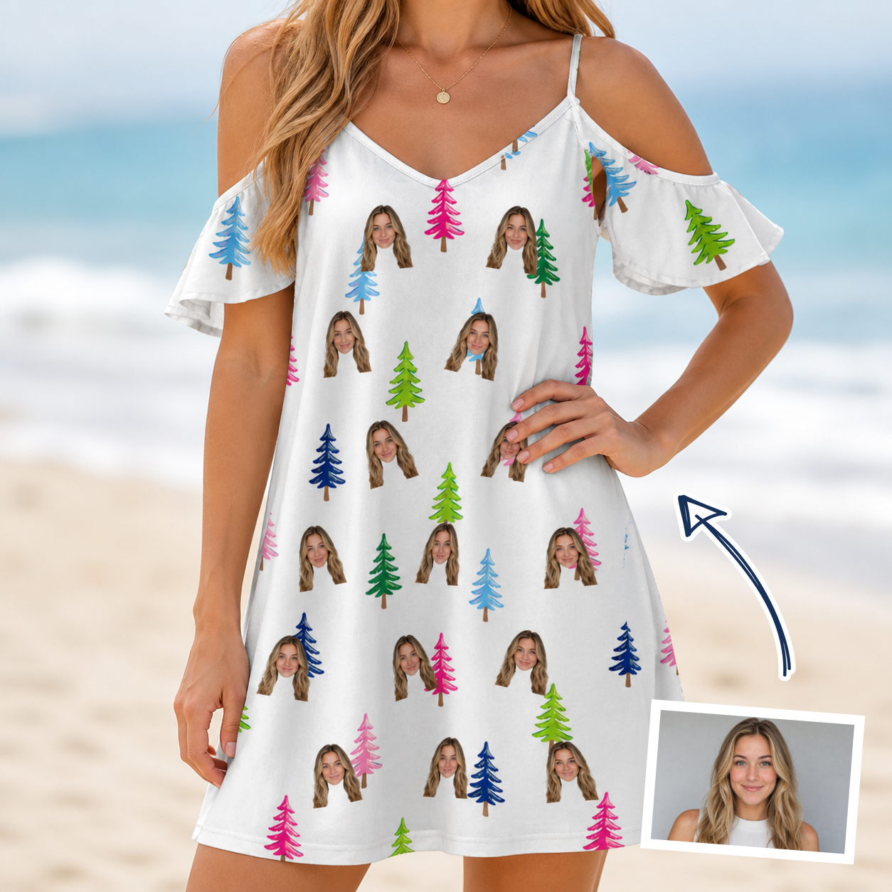 Woman wearing Women's Cedar Caddie Custom Face Off-Shoulder Dress — custom faces printed all-over