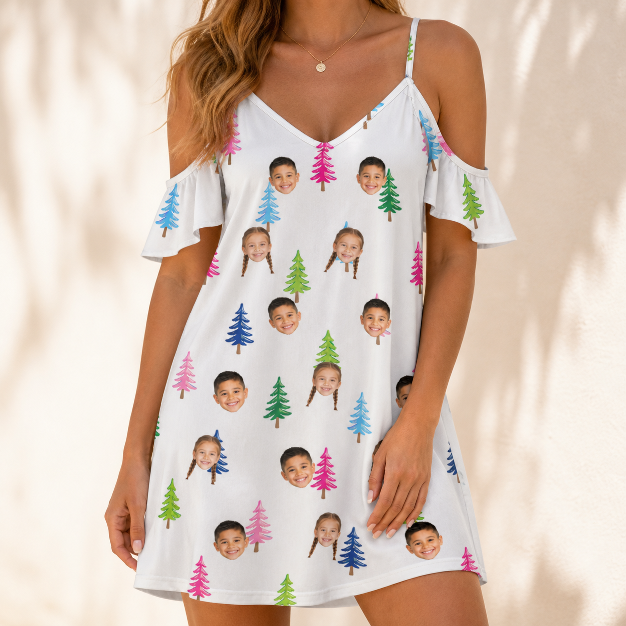 Model wearing Women's Cedar Caddie Custom Face Off-Shoulder Dress printed with kids' faces