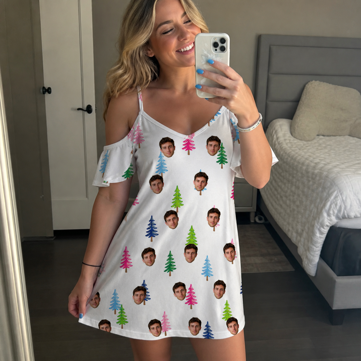 Real-life photo of someone wearing Women's Cedar Caddie Custom Face Off-Shoulder Dress — custom faces printed all-over