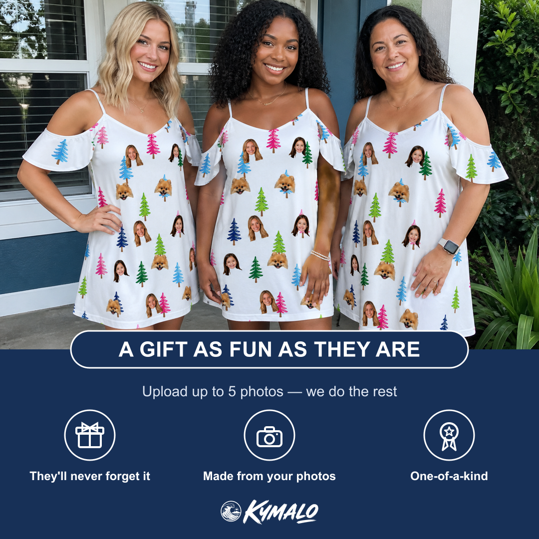 Friends in matching Women's Cedar Caddie Custom Face Off-Shoulder Dress — a group gift photo