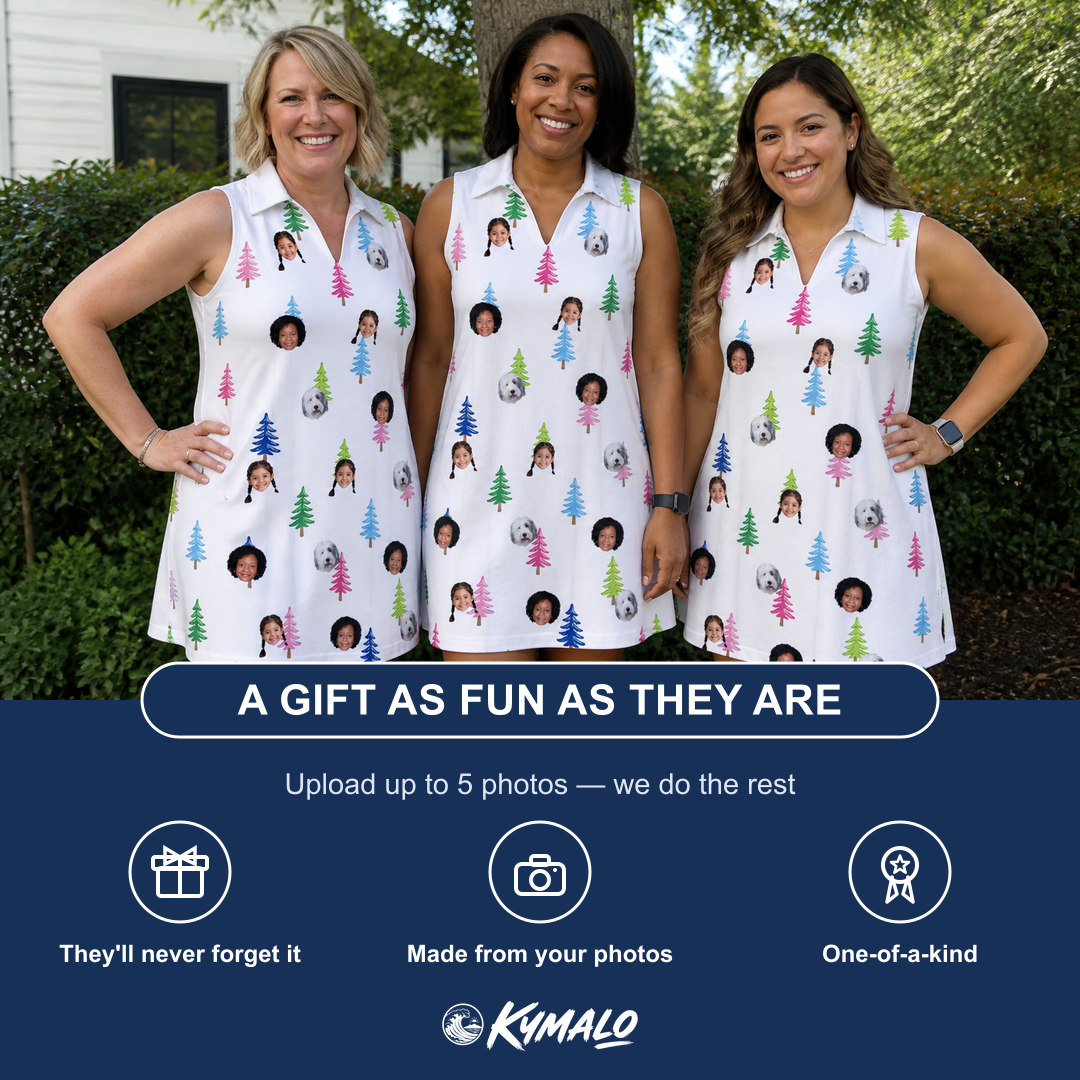 Friends in matching Women's Cedar Caddie Custom Face V-Neck Dress — a group gift photo