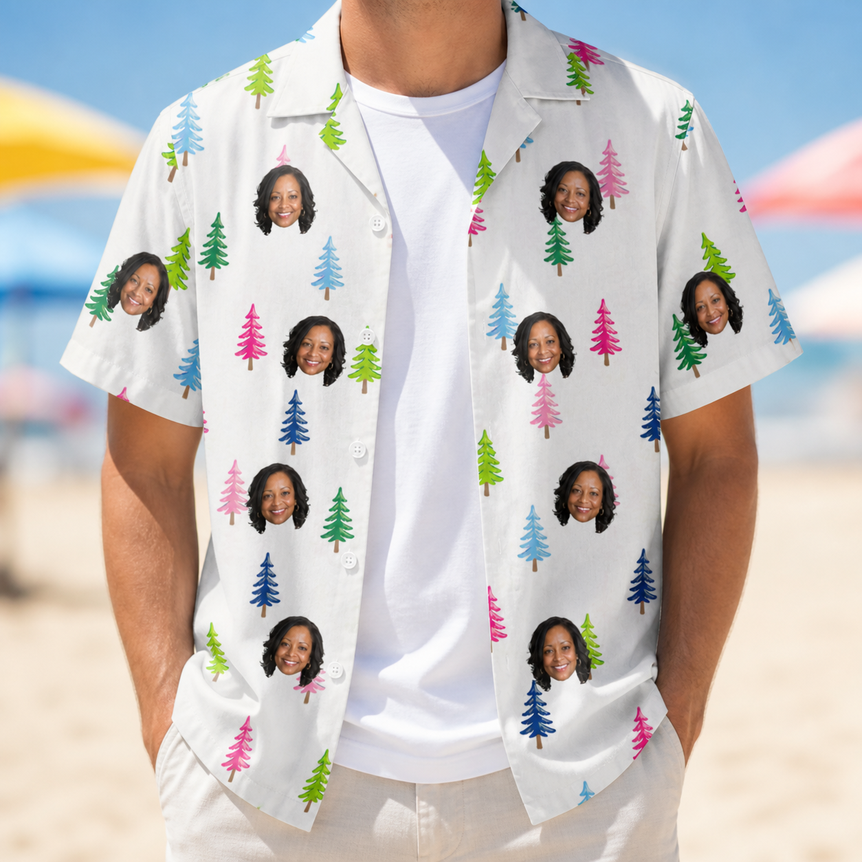 Man wearing Men's Cedar Caddie Custom Face Hawaiian Shirt open over a white tee