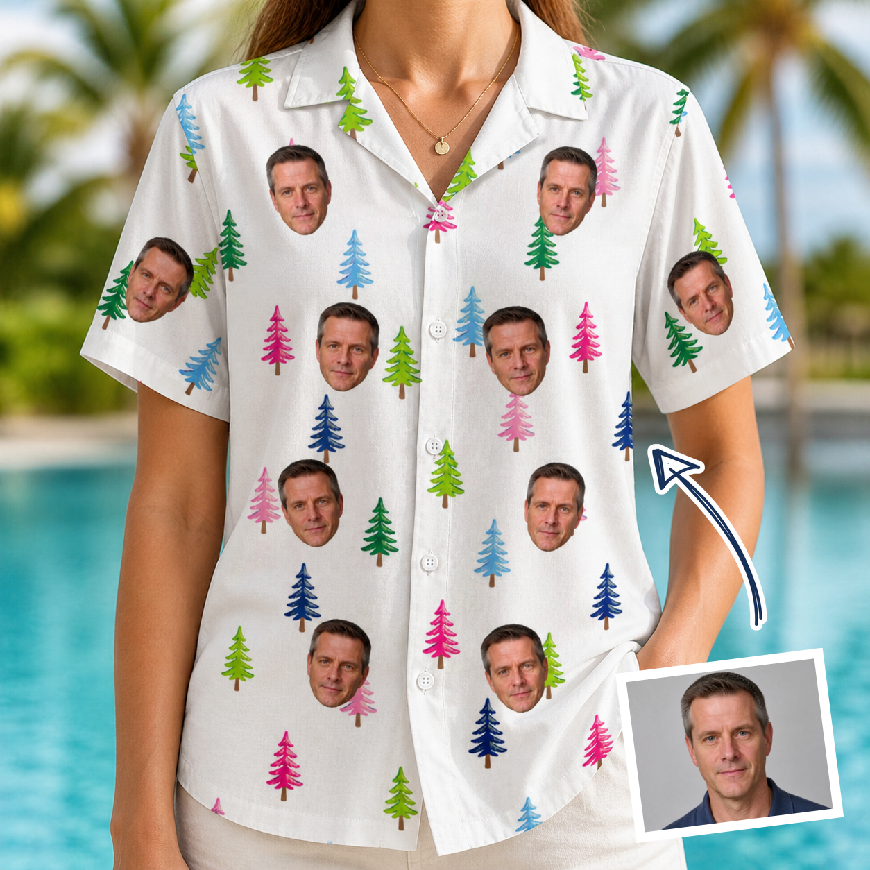 Woman wearing Women's Cedar Caddie Custom Face Hawaiian Shirt — custom faces printed all-over