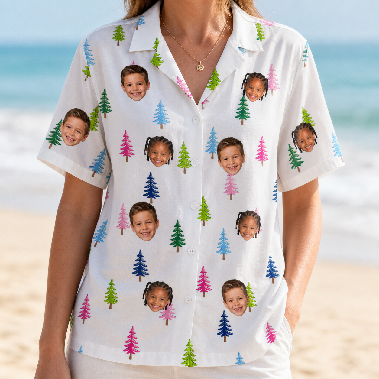 Model wearing Women's Cedar Caddie Custom Face Hawaiian Shirt printed with kids' faces