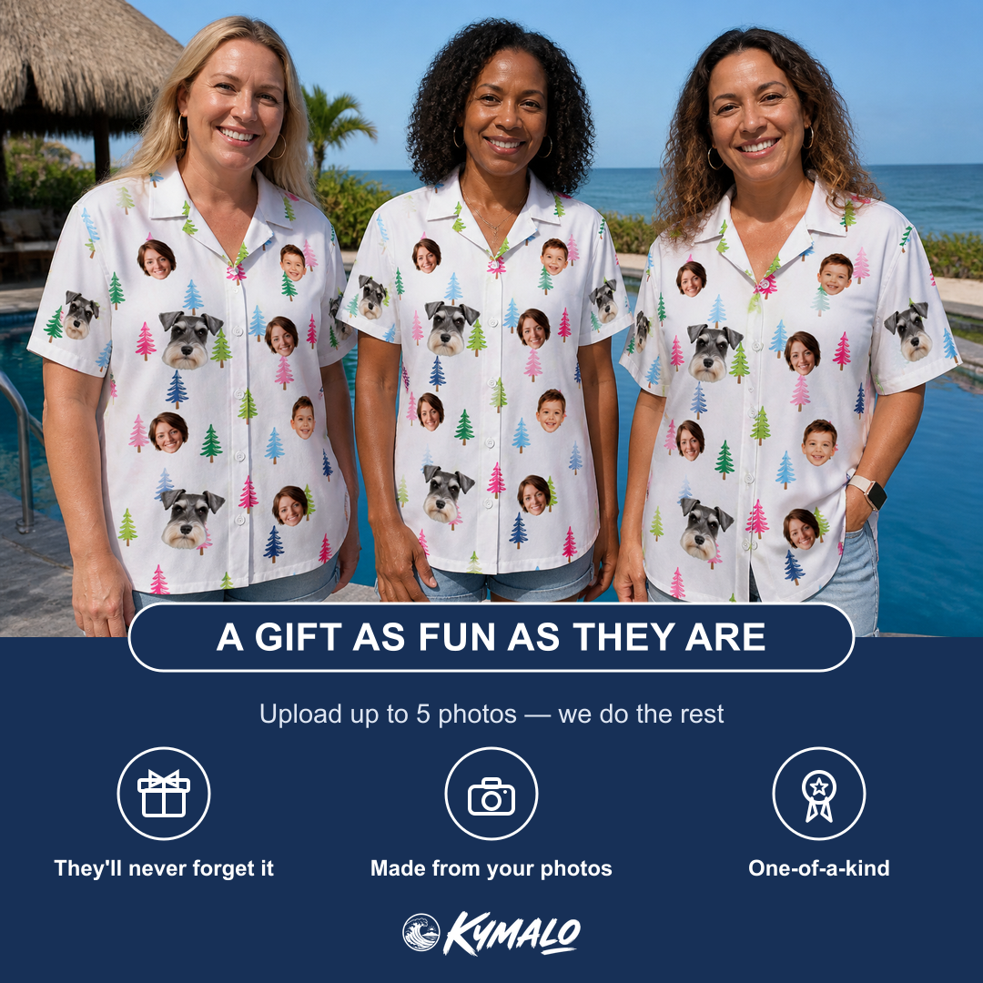 Friends in matching Women's Cedar Caddie Custom Face Hawaiian Shirt — a group gift photo
