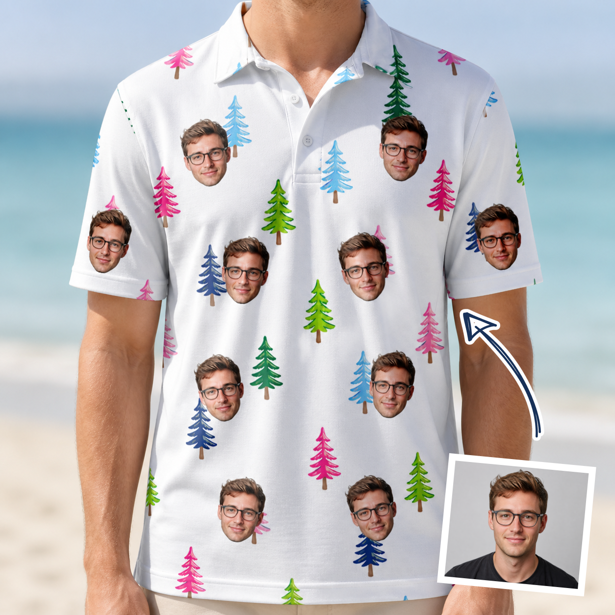 Man wearing Men's Cedar Caddie Custom Face Polo Shirt — custom faces printed all-over