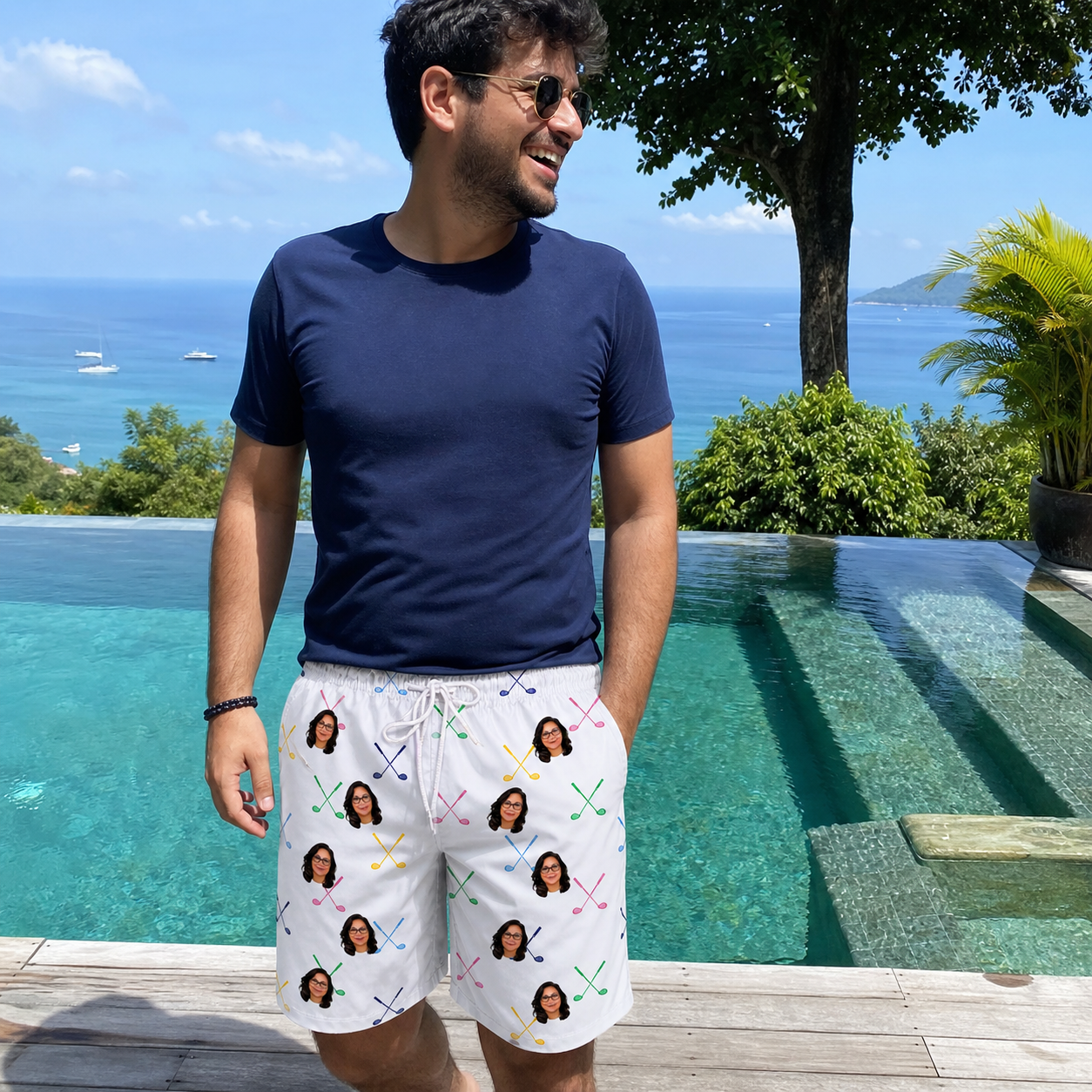 Real-life photo of someone wearing Men's Swing Symphony Custom Face Beach Shorts — custom faces printed all-over