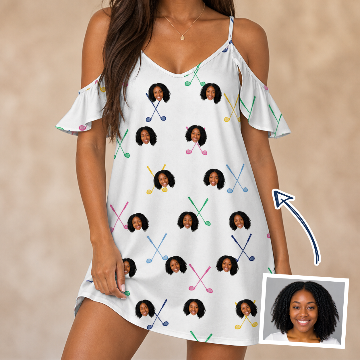 Woman wearing Women's Swing Symphony Custom Face Off-Shoulder Dress — custom faces printed all-over