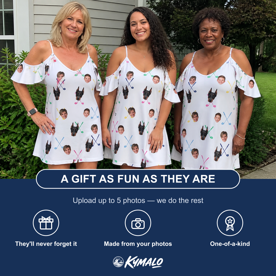 Friends in matching Women's Swing Symphony Custom Face Off-Shoulder Dress — a group gift photo