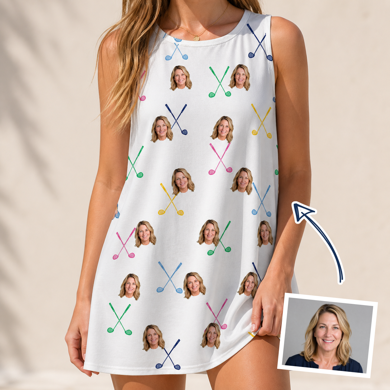 Woman wearing Women's Swing Symphony Custom Face Tank Dress — custom faces printed all-over