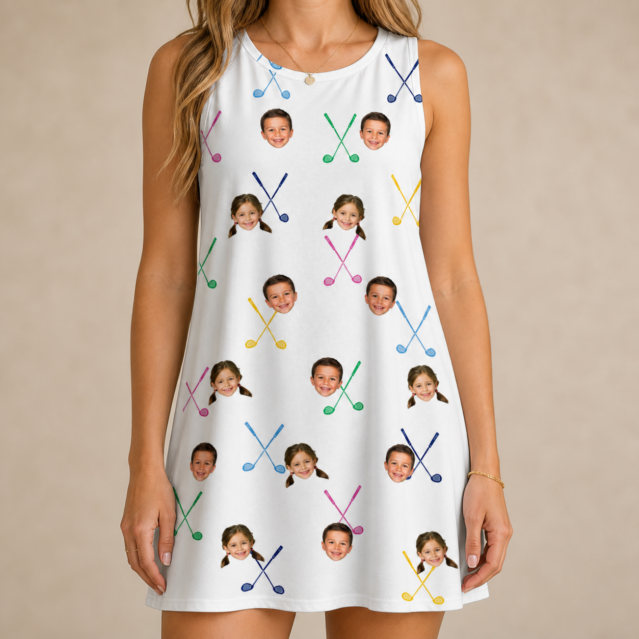 Model wearing Women's Swing Symphony Custom Face Tank Dress printed with kids' faces