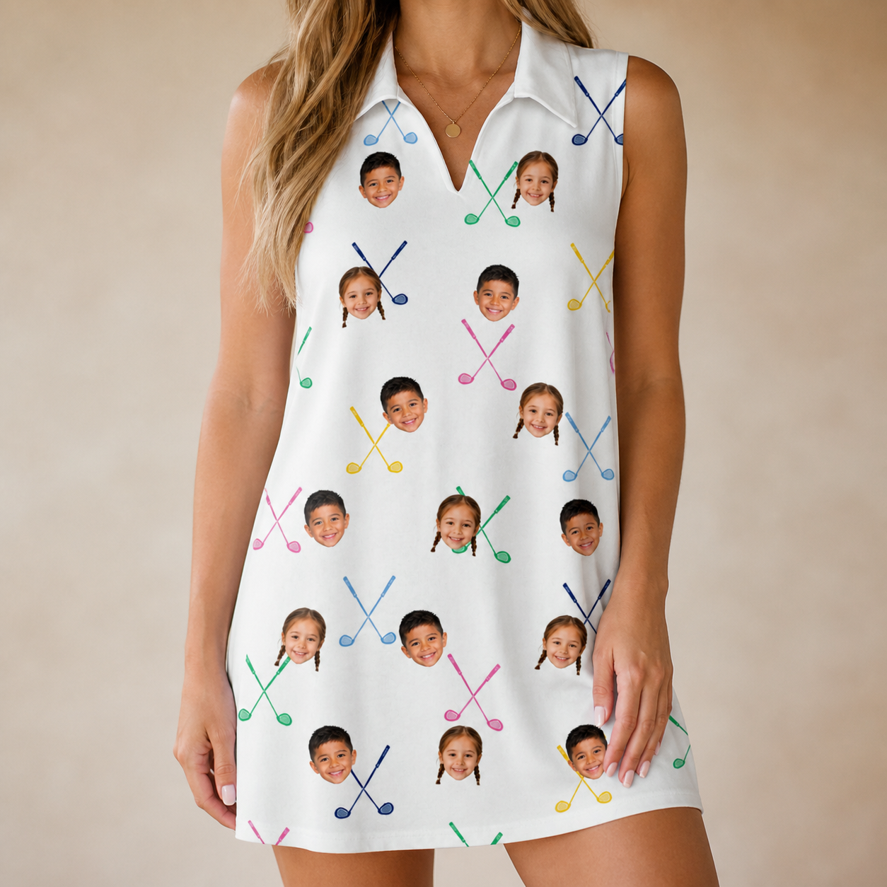 Model wearing Women's Swing Symphony Custom Face V-Neck Dress printed with kids' faces
