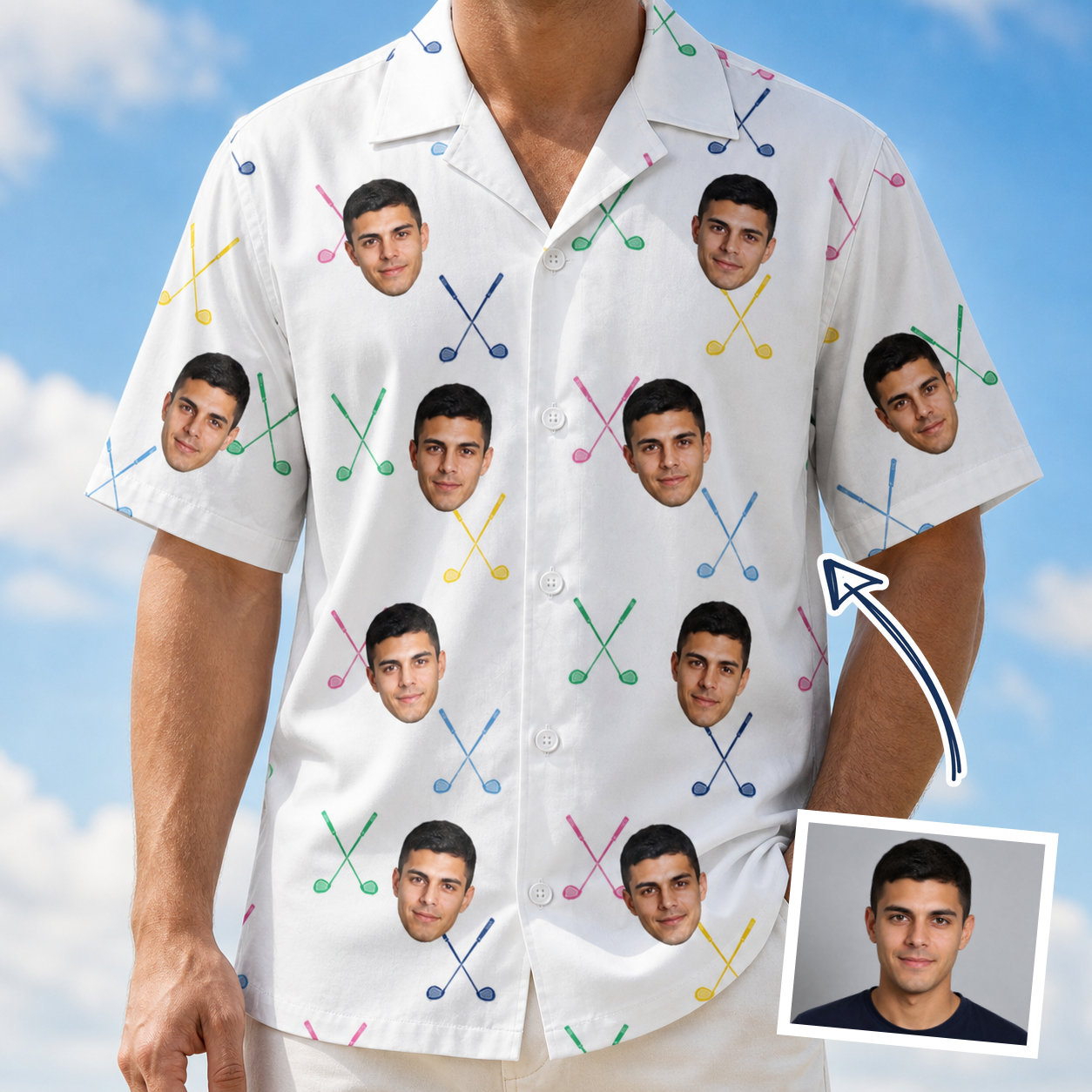 Man wearing Men's Swing Symphony Custom Face Hawaiian Shirt — custom faces printed all-over