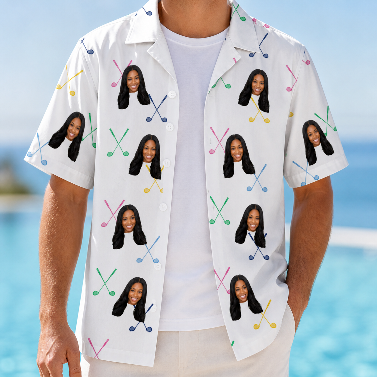 Man wearing Men's Swing Symphony Custom Face Hawaiian Shirt open over a white tee