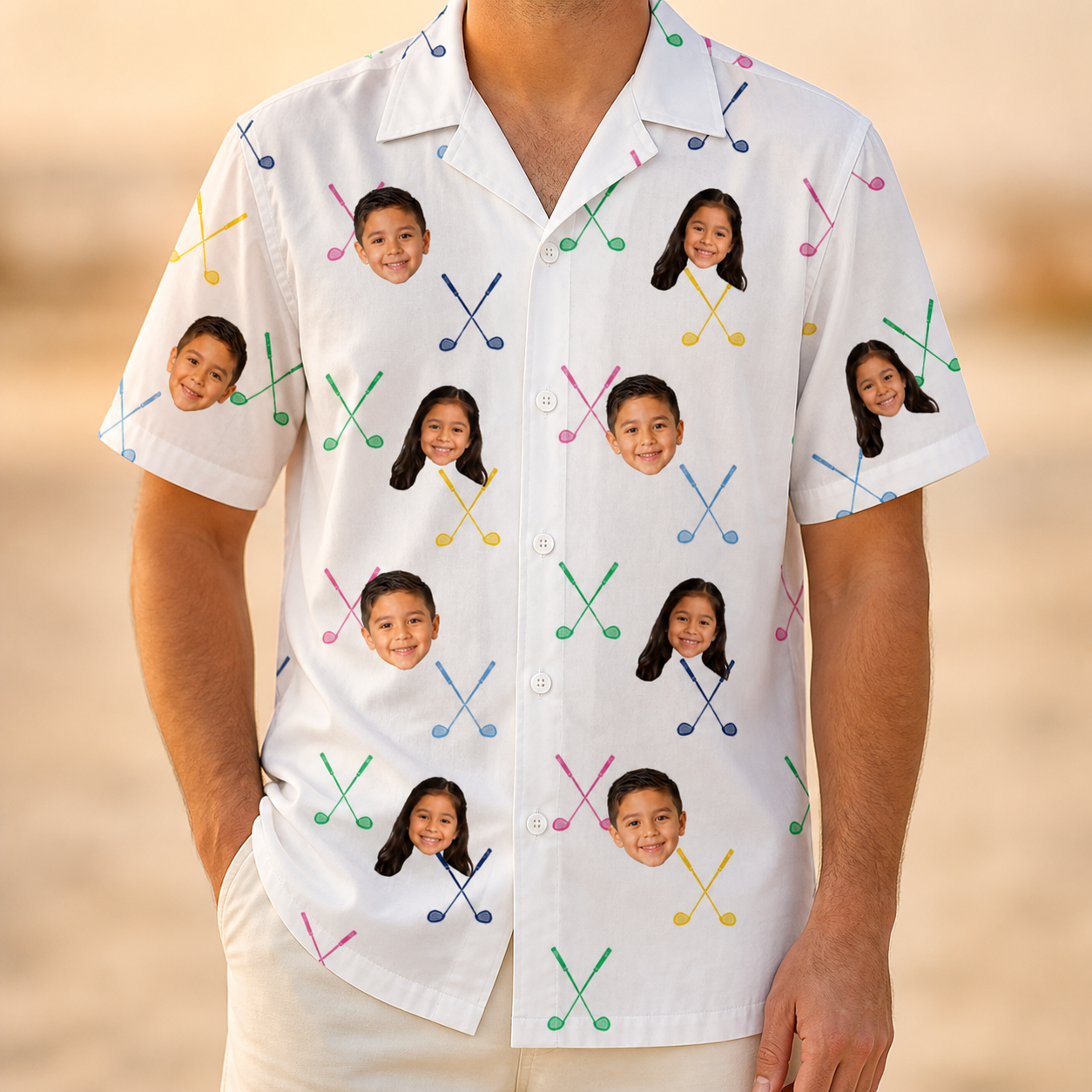 Model wearing Men's Swing Symphony Custom Face Hawaiian Shirt printed with kids' faces
