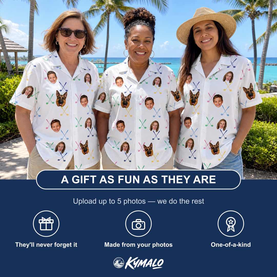 Friends in matching Women's Swing Symphony Custom Face Hawaiian Shirt — a group gift photo