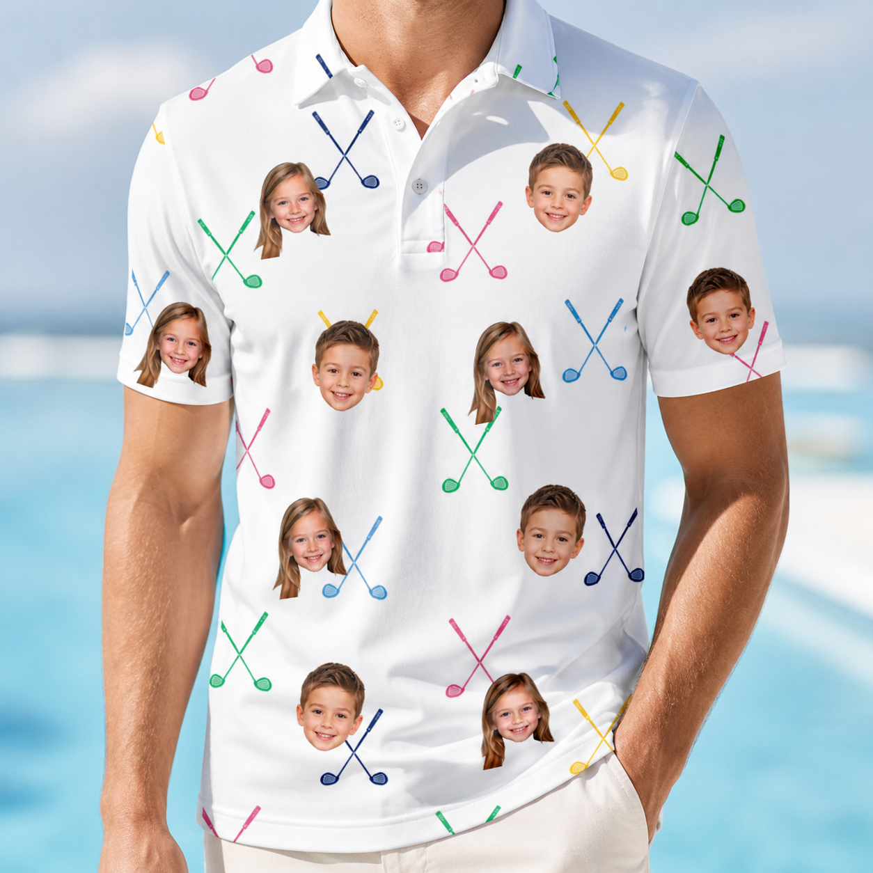 Model wearing Men's Swing Symphony Custom Face Polo Shirt printed with kids' faces