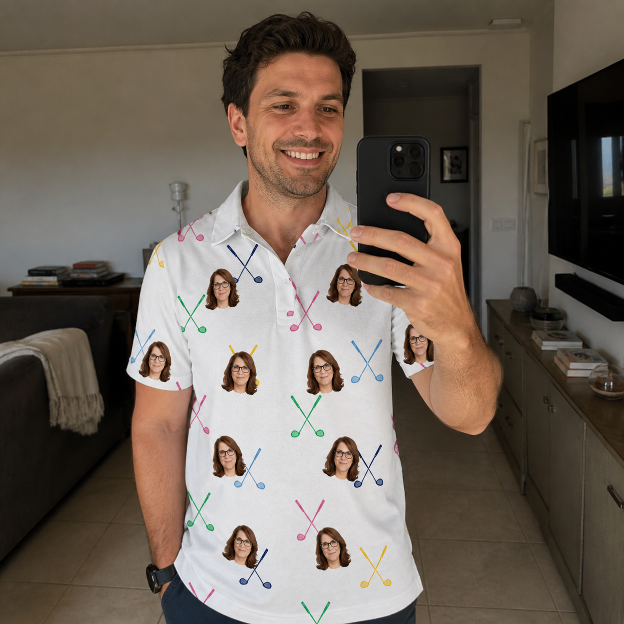Real-life photo of someone wearing Men's Swing Symphony Custom Face Polo Shirt — custom faces printed all-over