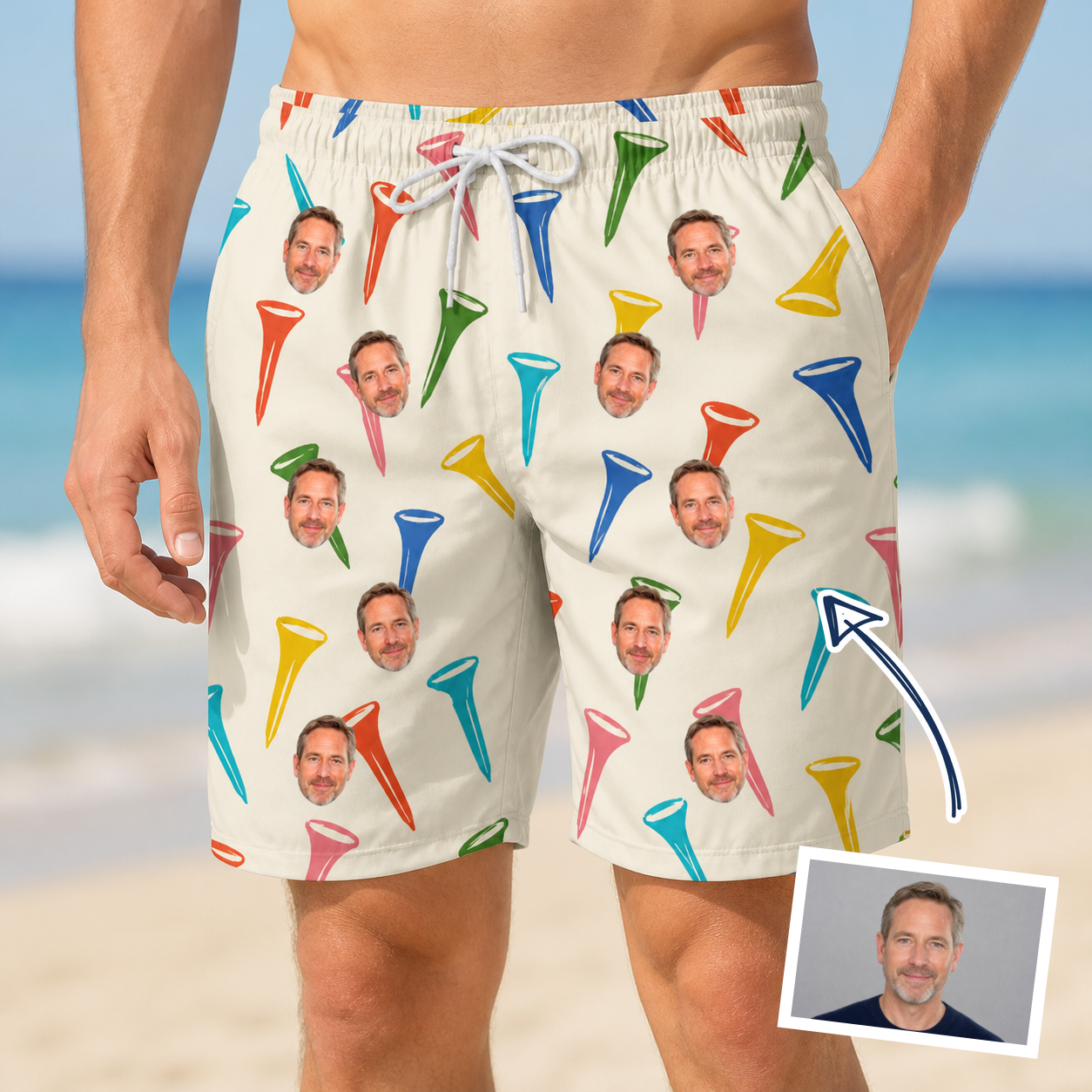 Man wearing Men's Par Pickets Custom Face Beach Shorts — custom faces printed all-over