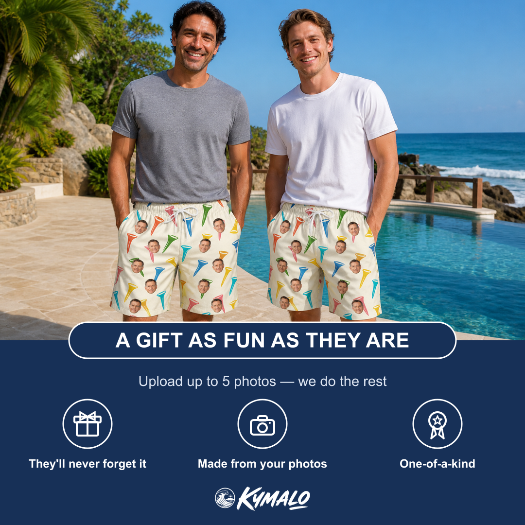 Friends in matching Men's Par Pickets Custom Face Beach Shorts — a group gift photo
