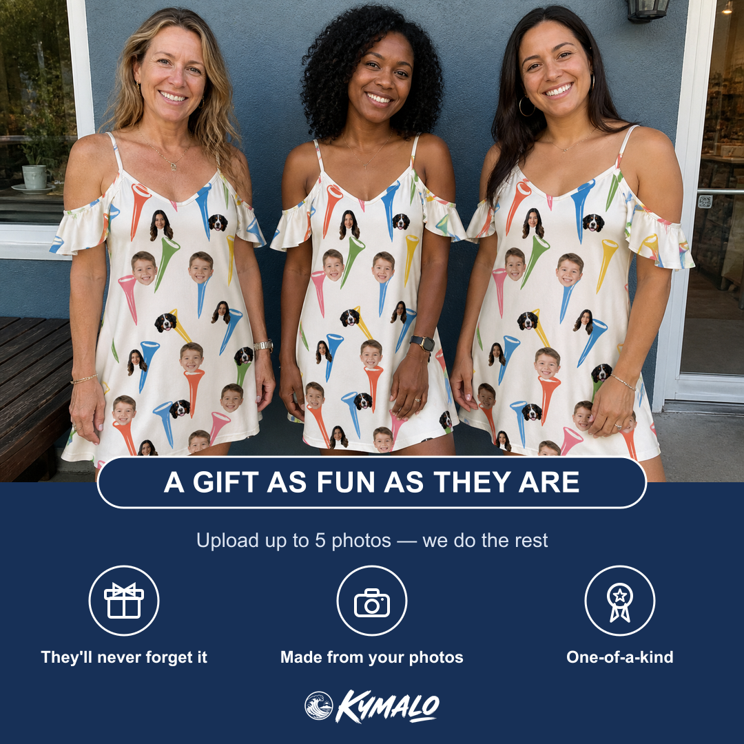 Friends in matching Women's Par Pickets Custom Face Off-Shoulder Dress — a group gift photo