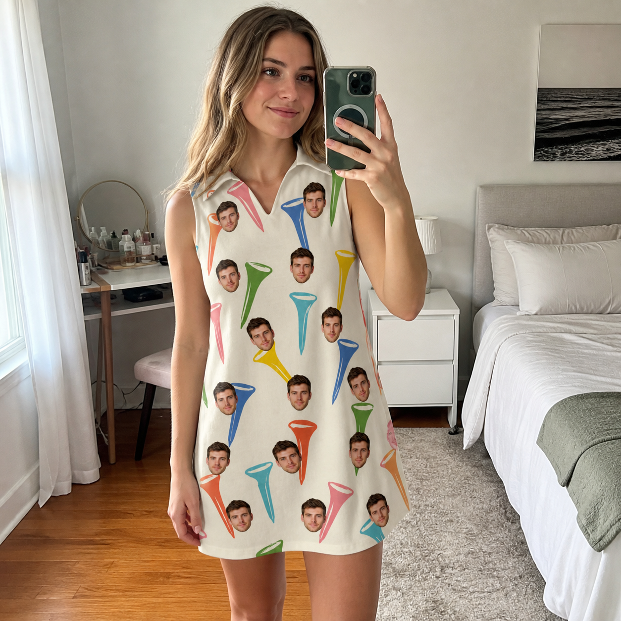 Real-life photo of someone wearing Women's Par Pickets Custom Face V-Neck Dress — custom faces printed all-over