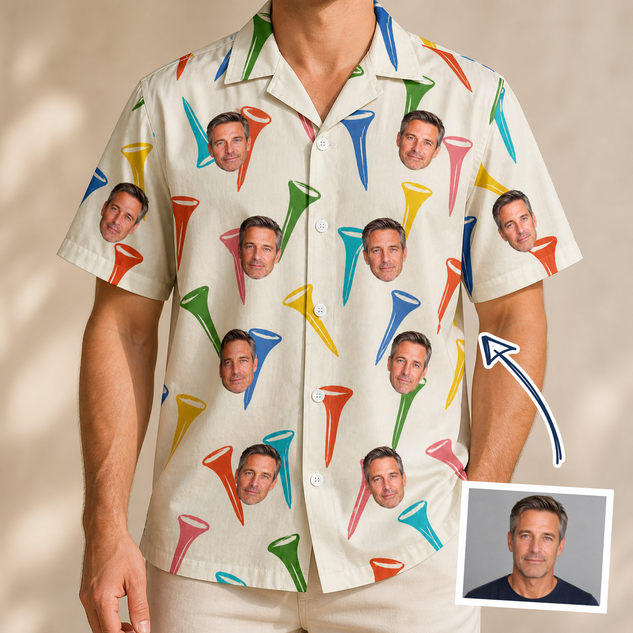Man wearing Men's Par Pickets Custom Face Hawaiian Shirt — custom faces printed all-over