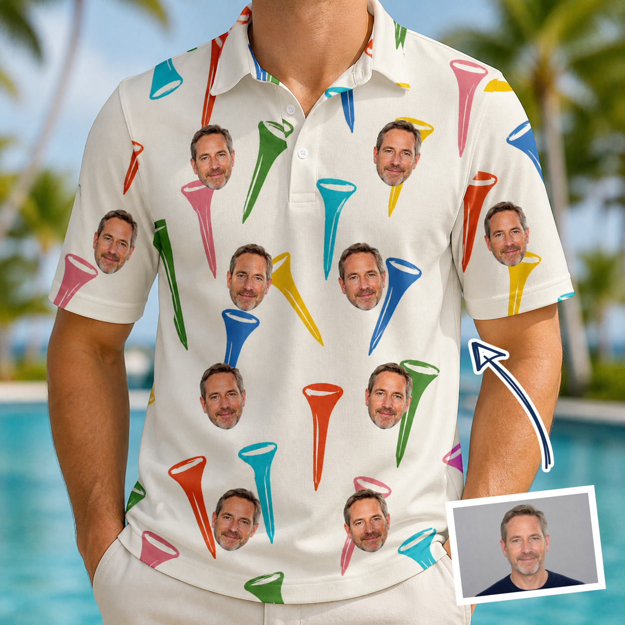 Man wearing Men's Par Pickets Custom Face Polo Shirt — custom faces printed all-over