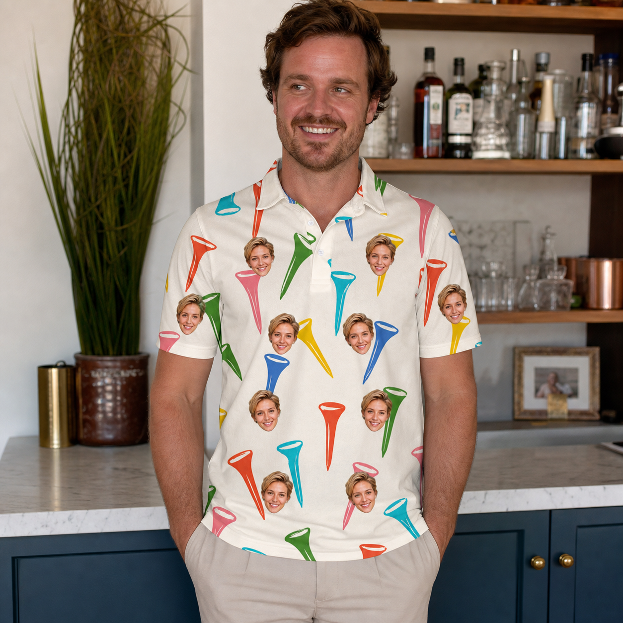 Real-life photo of someone wearing Men's Par Pickets Custom Face Polo Shirt — custom faces printed all-over