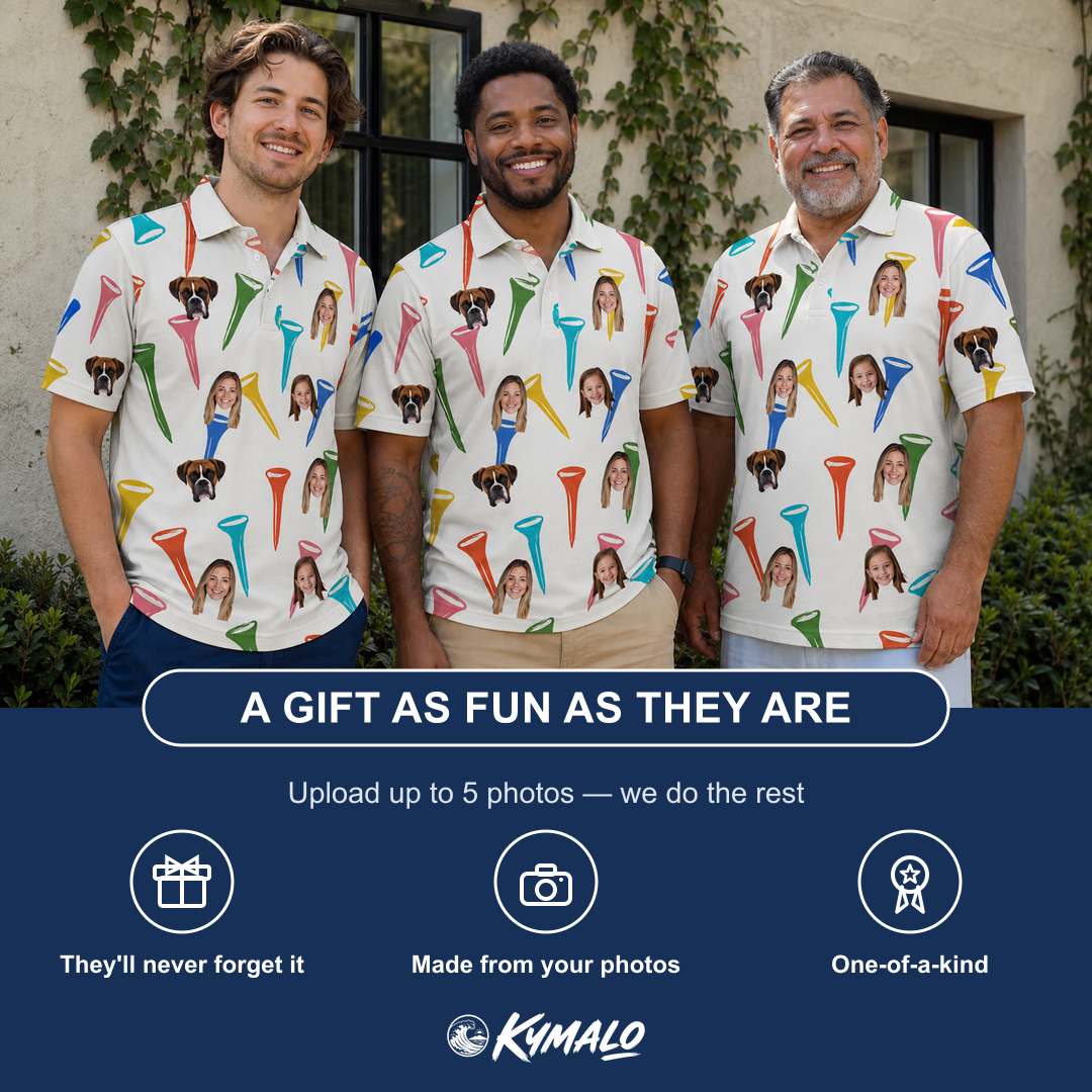 Friends in matching Men's Par Pickets Custom Face Polo Shirt — a group gift photo