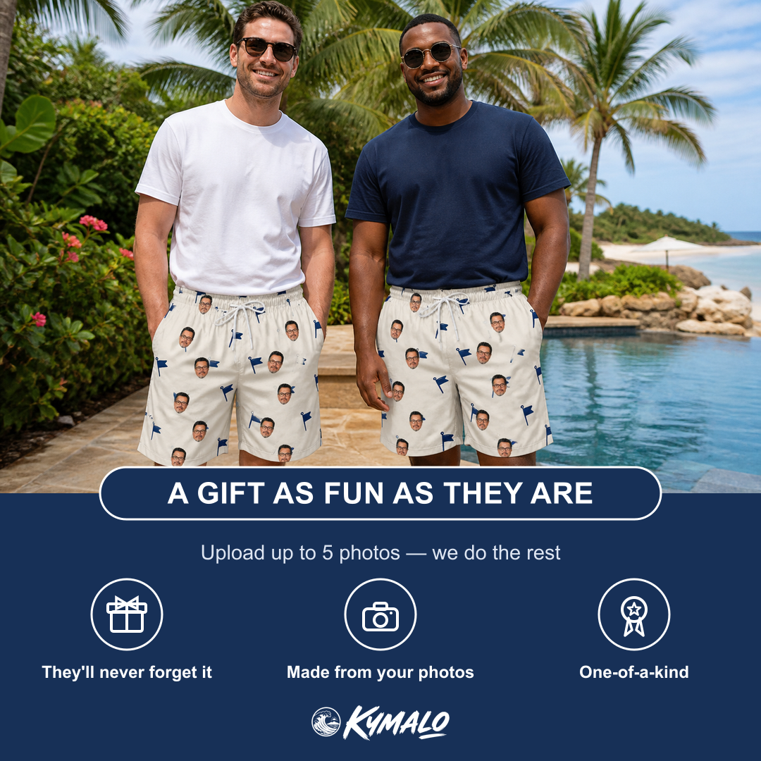 Friends in matching Men's Pin High Custom Face Beach Shorts — a group gift photo
