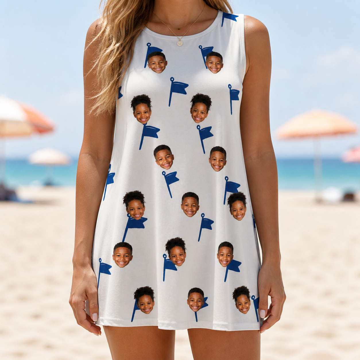 Model wearing Women's Pin High Custom Face Tank Dress printed with kids' faces