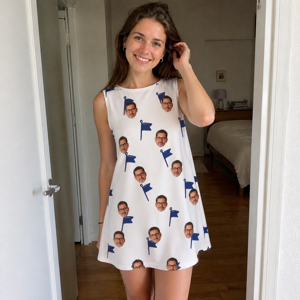 Real-life photo of someone wearing Women's Pin High Custom Face Tank Dress — custom faces printed all-over