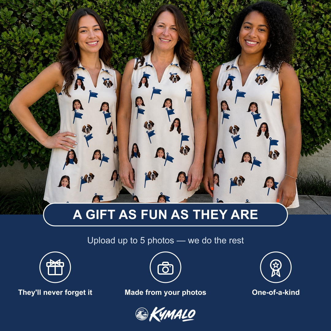 Friends in matching Women's Pin High Custom Face V-Neck Dress — a group gift photo