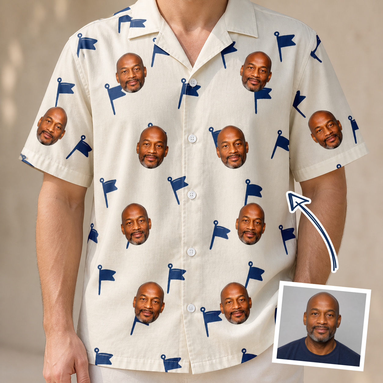 Man wearing Men's Pin High Custom Face Hawaiian Shirt — custom faces printed all-over