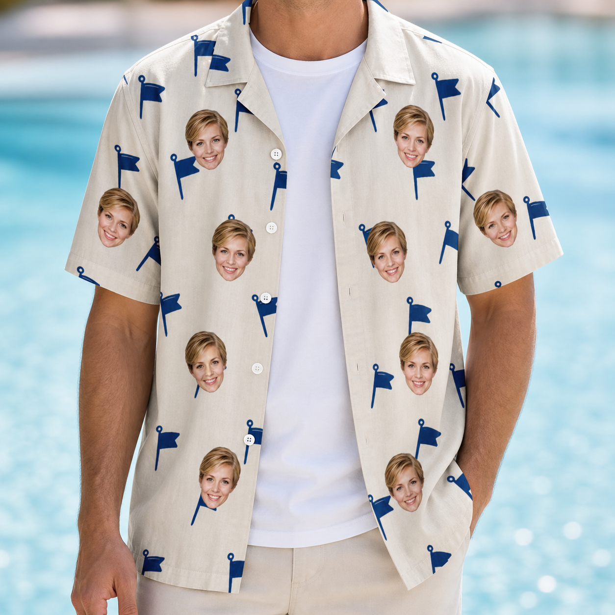 Man wearing Men's Pin High Custom Face Hawaiian Shirt open over a white tee