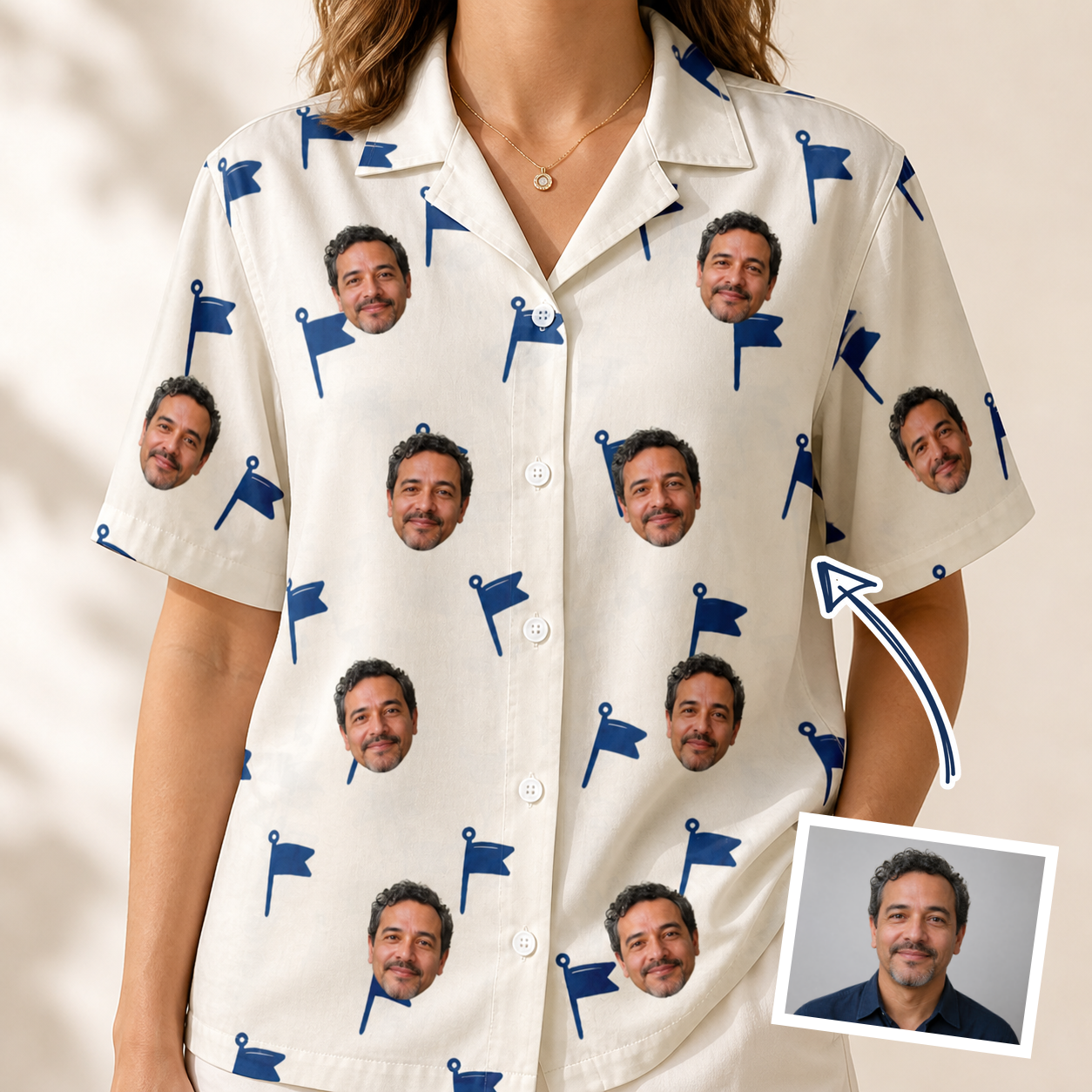 Woman wearing Women's Pin High Custom Face Hawaiian Shirt — custom faces printed all-over