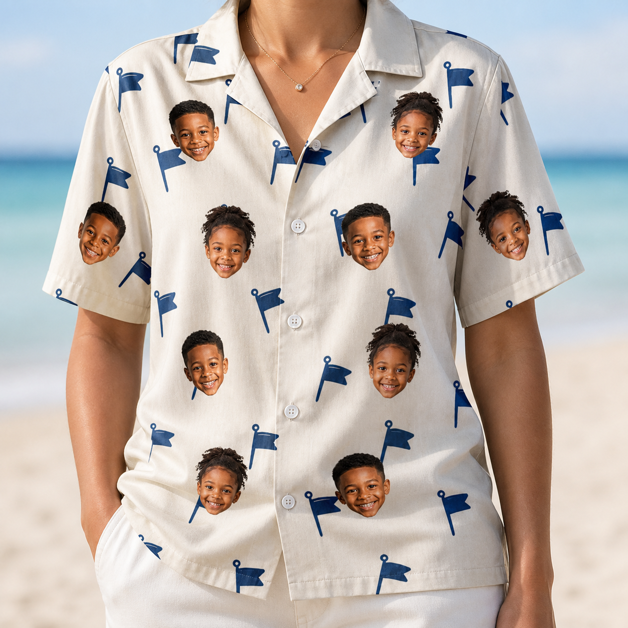 Model wearing Women's Pin High Custom Face Hawaiian Shirt printed with kids' faces