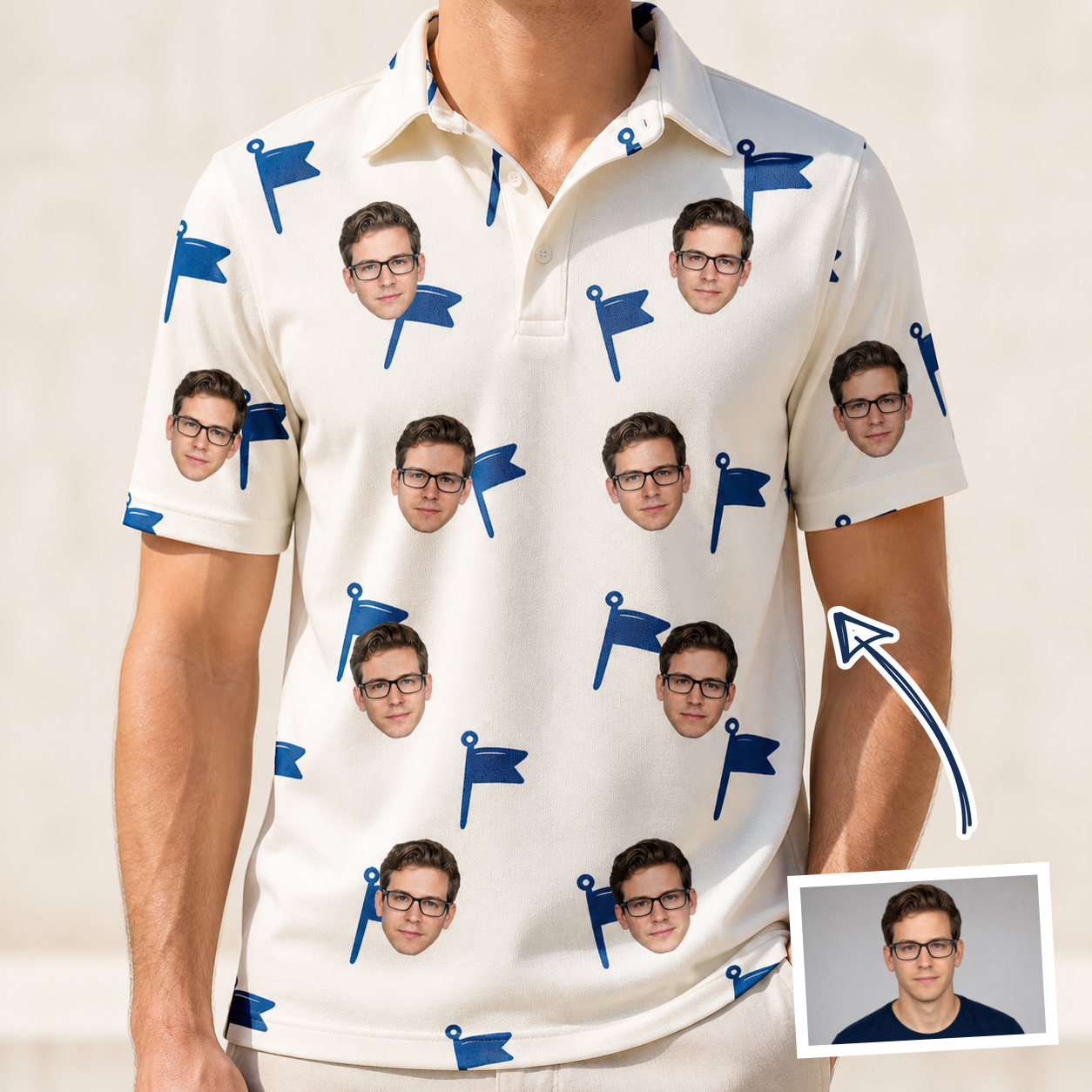Man wearing Men's Pin High Custom Face Polo Shirt — custom faces printed all-over