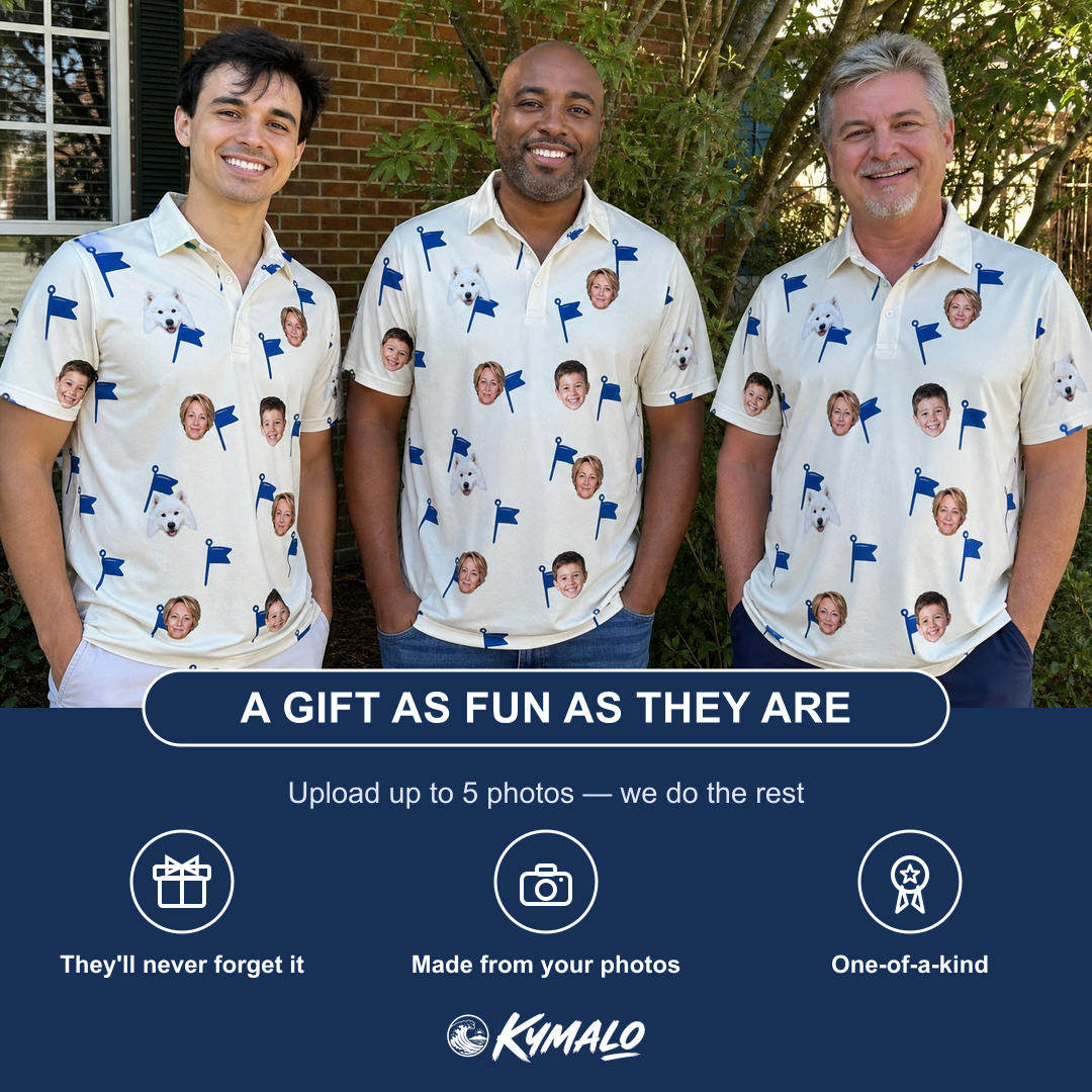 Friends in matching Men's Pin High Custom Face Polo Shirt — a group gift photo