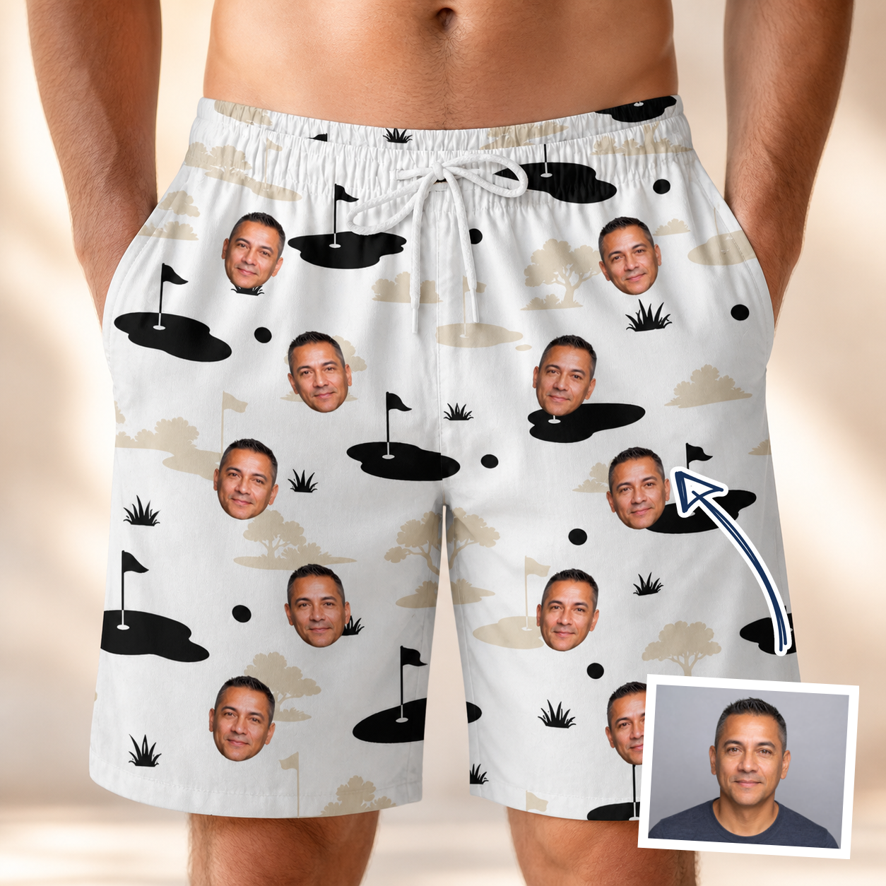Man wearing Men's Tee Hee Custom Face Beach Shorts — custom faces printed all-over