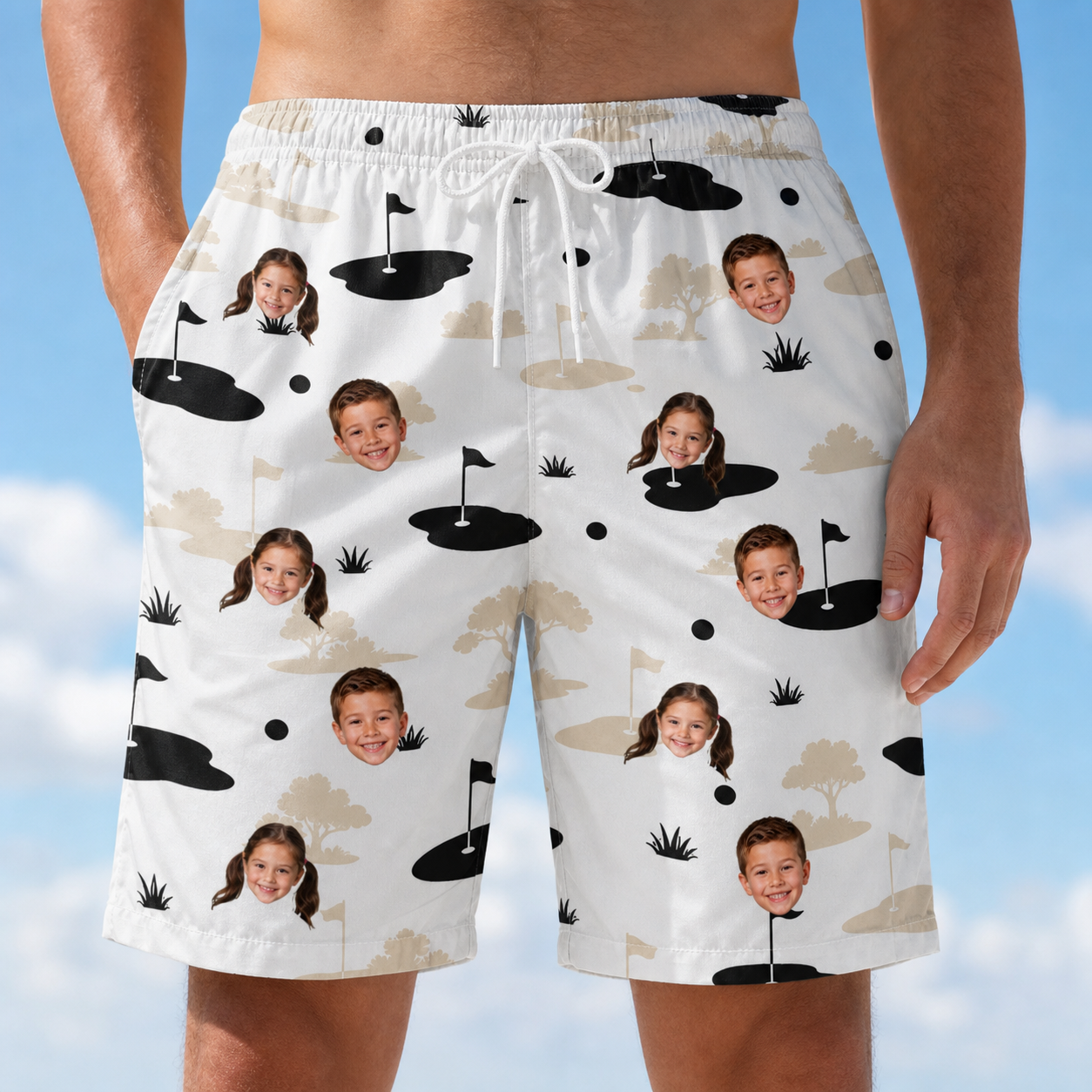 Model wearing Men's Tee Hee Custom Face Beach Shorts printed with kids' faces