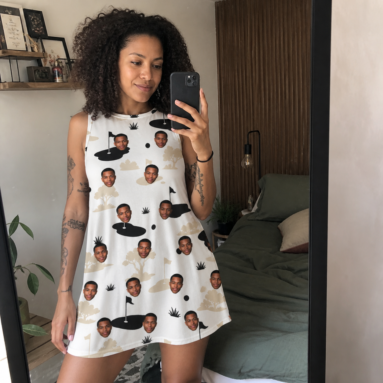 Real-life photo of someone wearing Women's Tee Hee Custom Face Tank Dress — custom faces printed all-over