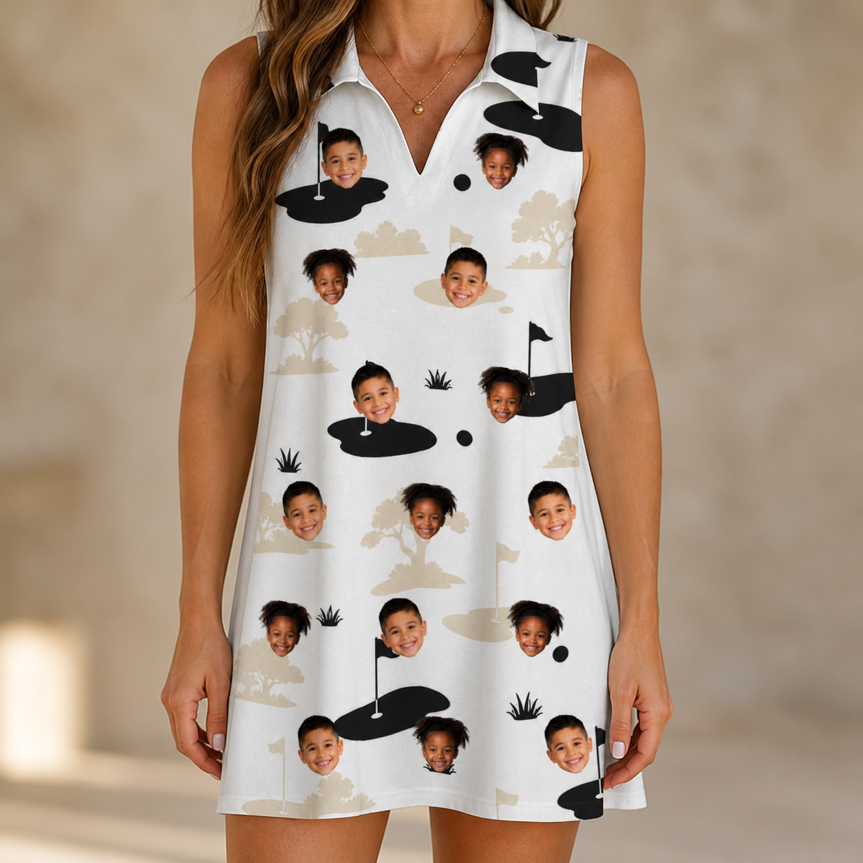 Model wearing Women's Tee Hee Custom Face V-Neck Dress printed with kids' faces